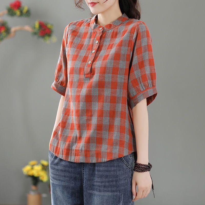 

Women s Linen Cotton Plaid Short Sleeve Shirt Casual Stand Collar Henley Blouse Loose Fit Tunic Top for Summer 2XL