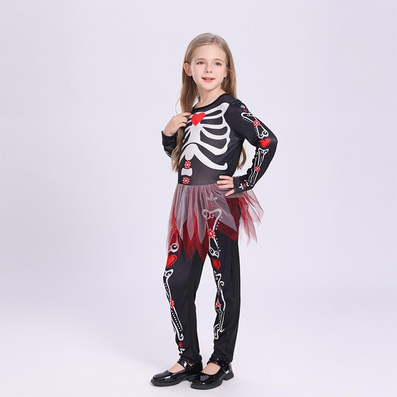 Halloween Kids Skeleton Bodysuit Dress Colorful Bone Costume Girls Cosplay Outfit Party