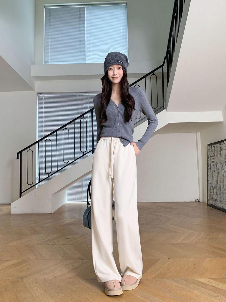 Aixuan White Wool Acetate Wide-Leg Pants: 2025 Autumn/Winter Women's Casual Draped Trousers