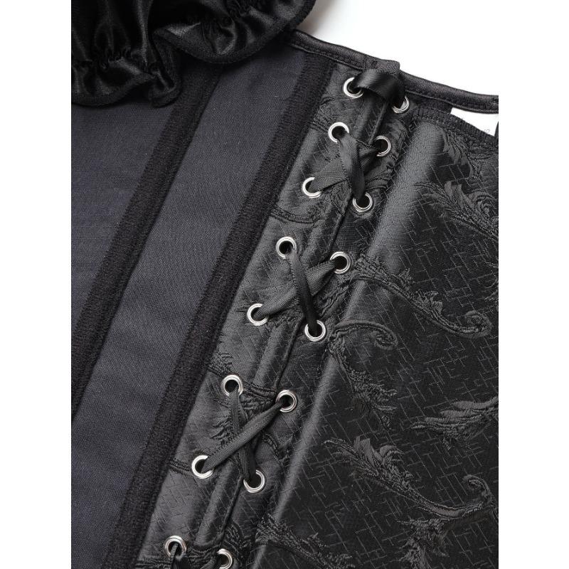 Black Jacquard Corset Top With Puff Sleeves And Bow Front Hook Boned Bustier For Women