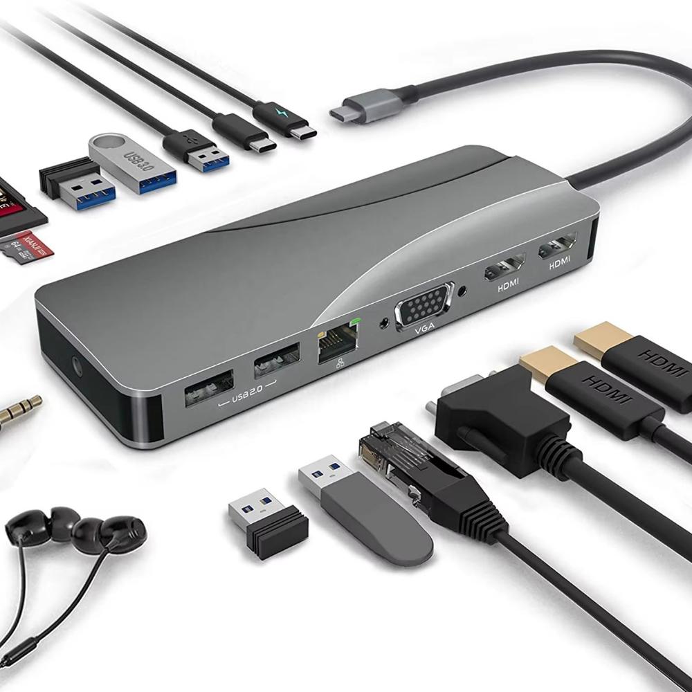 

14 in 1 USB C Hub with 2 HDMI, VGA ,3.5mm Audio,USB C, PD Charge,Gigabit Ethernet,SD TF Card Reader, 5 USB Ports for MacBook Etc серый