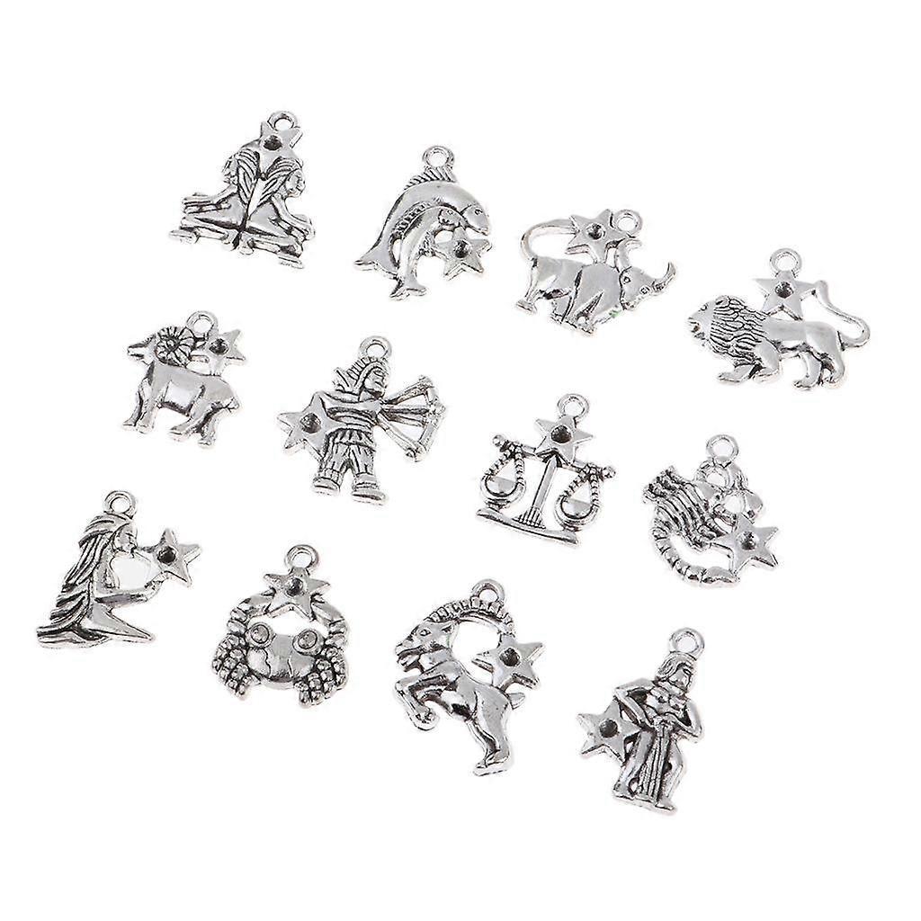 4x12PCs Antique 12 Zodiac Charms Pendant Jewelry Making Craft Antique silver