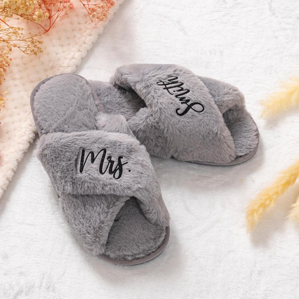 Bridesmaid Fluffy Cross Plush DIY Women's Autumn/Winter Couple Slippers