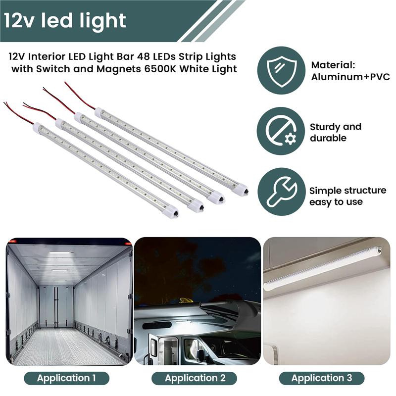 MML-12V Interior LED Light Bar 48 Leds Strip Lights With Switch And Magnets 6500K White Light For Car Van RV With US Plug