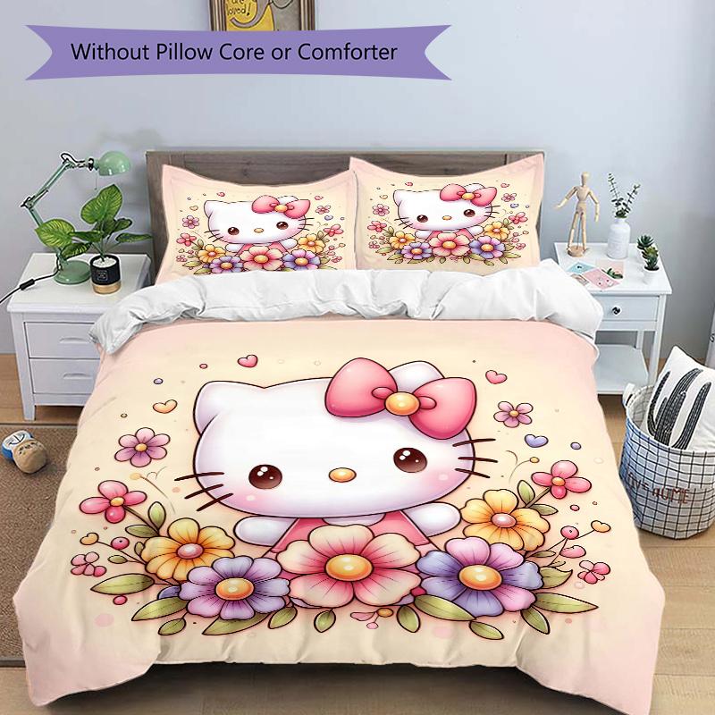3pcs Cartoon Kitty In a Garden of Flowers Printed Quilt Set - Soft and Comfortable Quilt Cover for Bedroom, Guest Room H039