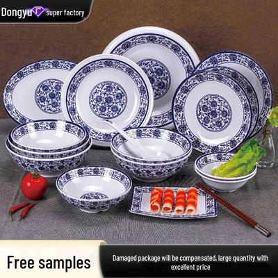 Retro modro-bílý melaminový jídelní servis: Mísy na nudle a polévku, Talíře pro restaurace a nudlové bary