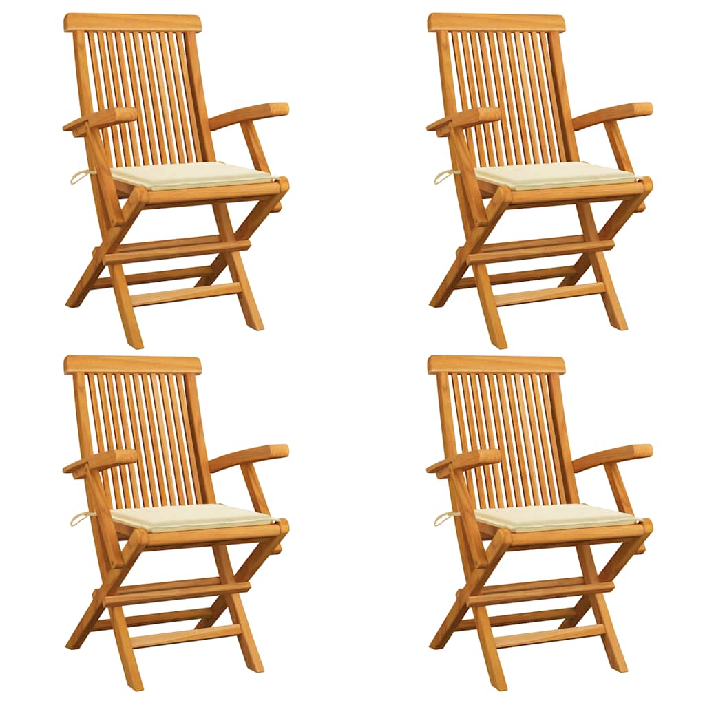Garden Chairs with Cream Cushions Set of 4 Solid Teak Wood