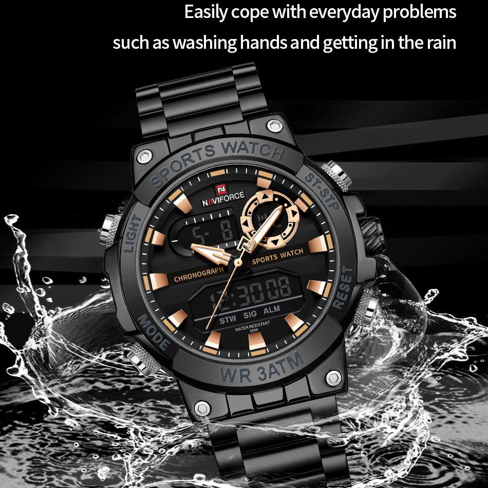 Naviforce Oryginalny Zegarek Męski Wyświetlacz Cyfrowy Kwarcowy Kalendarz Zegarek na Rękę Pasek ze Stali Nierdzewnej Luminous Wodoodporny Modny Zegarek Męski NF9237