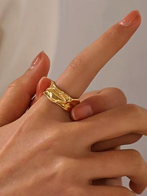 1 Piece Fashion 18K Gold Plated Stainless Steel Open Adjustable Ring Creative INS Pleated Texture Ring for Men and Women Zircon