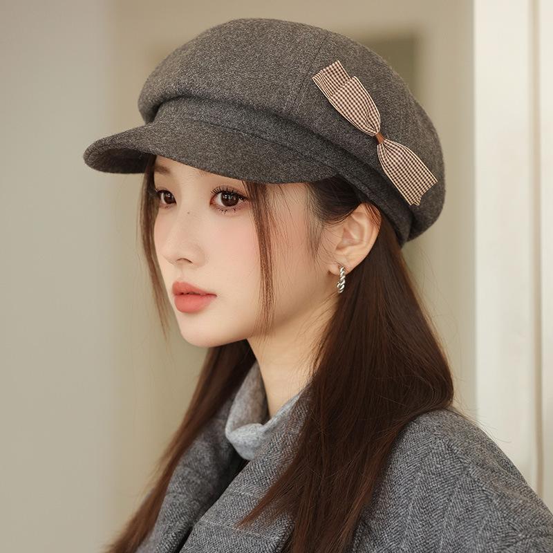 

Autumn and winter hats women s versatile bow octagonal hat big brim showing face small peaked hat retro newsboy hat One Size