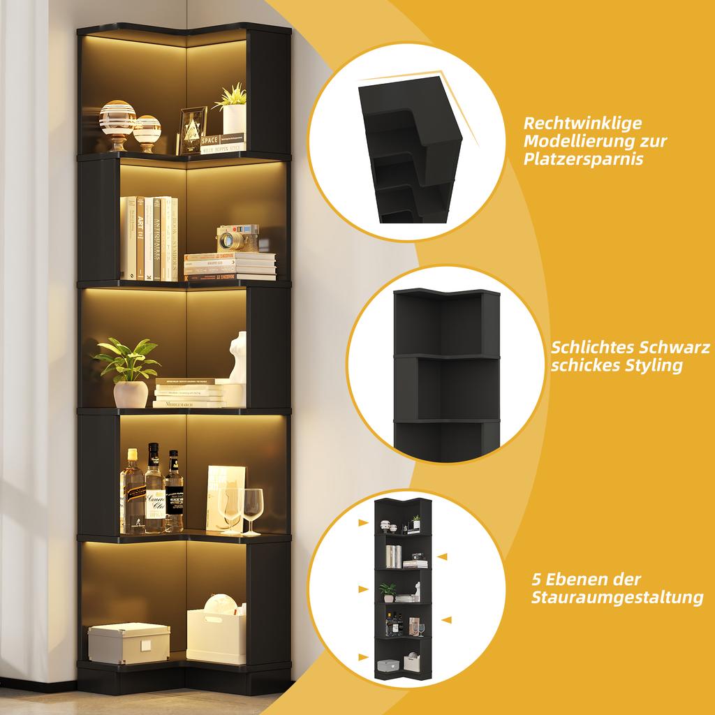 63.5 x 45 x 175cm Corner Bookshelf, Multifunctional, L-Shaped, LED Color-Changing Light Strip, App Control, Five-Tier Storage, Black