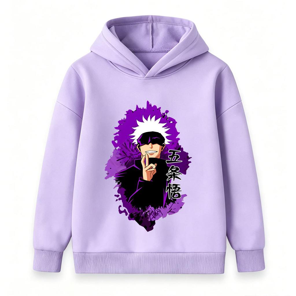 Kids Boys Girls Pullover Hoodie, Trendy Anime Character Printed Casual Hooded Sweatshirt with Purple Graphic, Comfortable Long Sleeve Top for Daily X