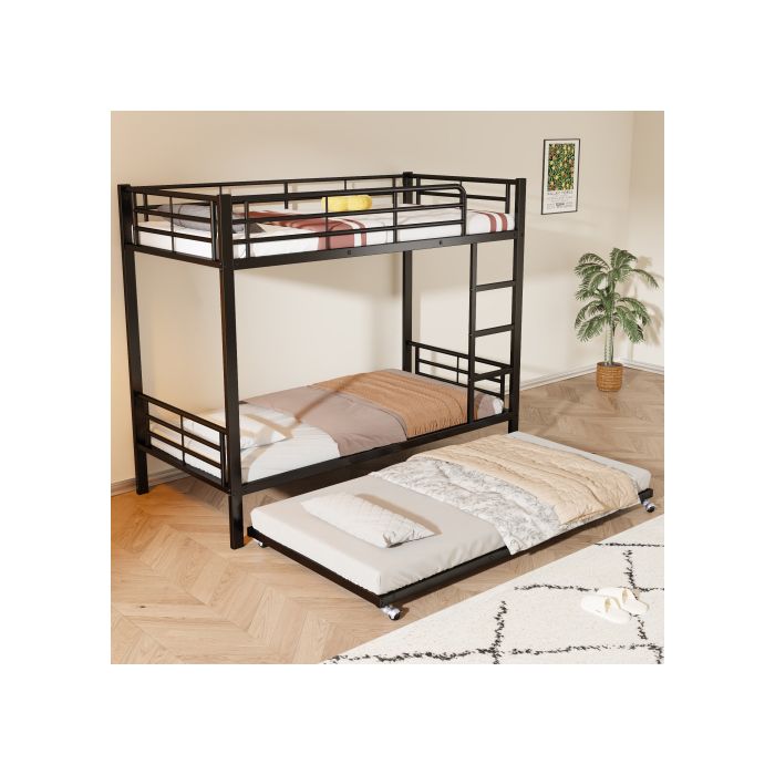 Lit Superposé - MUVOE - 90x200cm & 90x190cm - Métal Noir - 3 Places - Échelle Stable