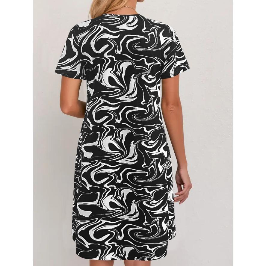 YYFS Women's Fashion Summer Spring Flower Pattern Print Short Sleeve O-Neck Loose Waistline Casual Dresses