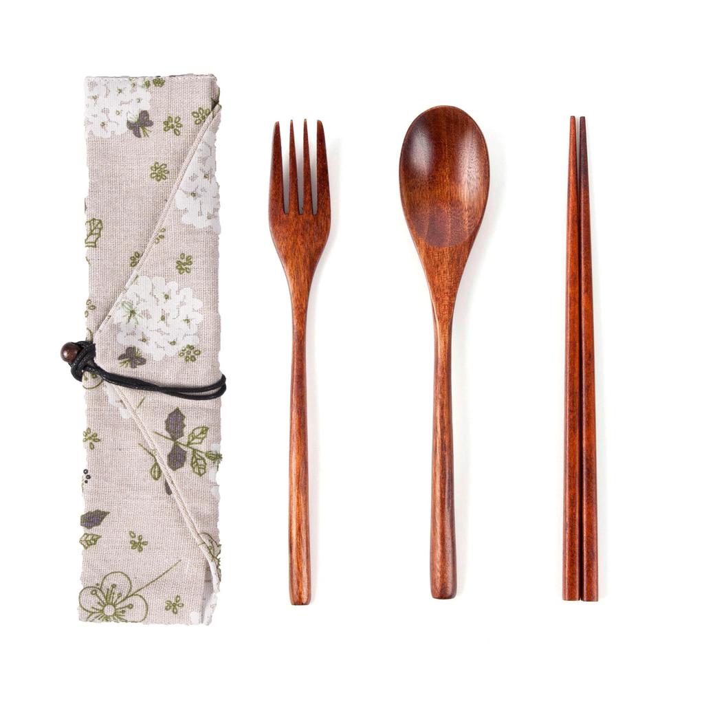 Japanese Wooden Portable Tableware Set: Long-Handled Spoon, Fork, and Chopsticks - Korean Style Three-Piece Set for Outdoor Use.