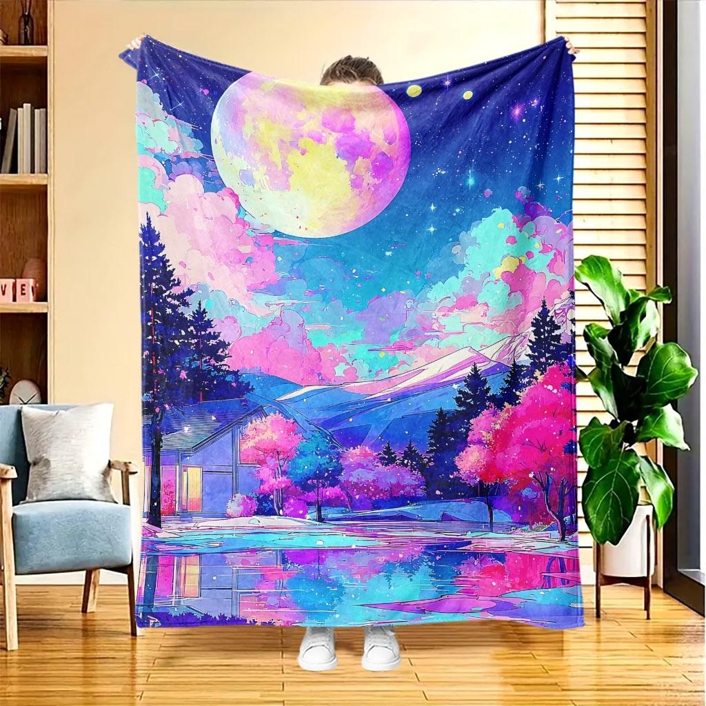 1pc Dreamy Night Scene Flannel Blanket | High-Definition Digital Print, All-Season, Skin-Friendly Soft 100% Polyester, Perfect Gift for Family and Fri