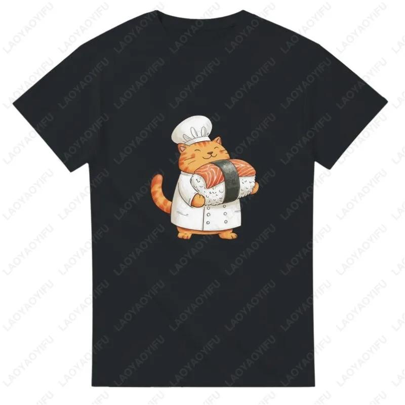Sushi Chef Cat Graphic Tee Cute Kitten Japanese Food Lover Cotton TShirt Unisex Casual S
