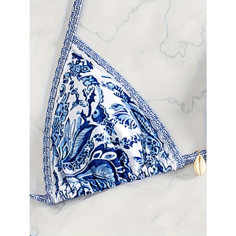 Damen Bedrucktes Zweiteiliges Bikini-Set Mit Bindeband Bademode 0916