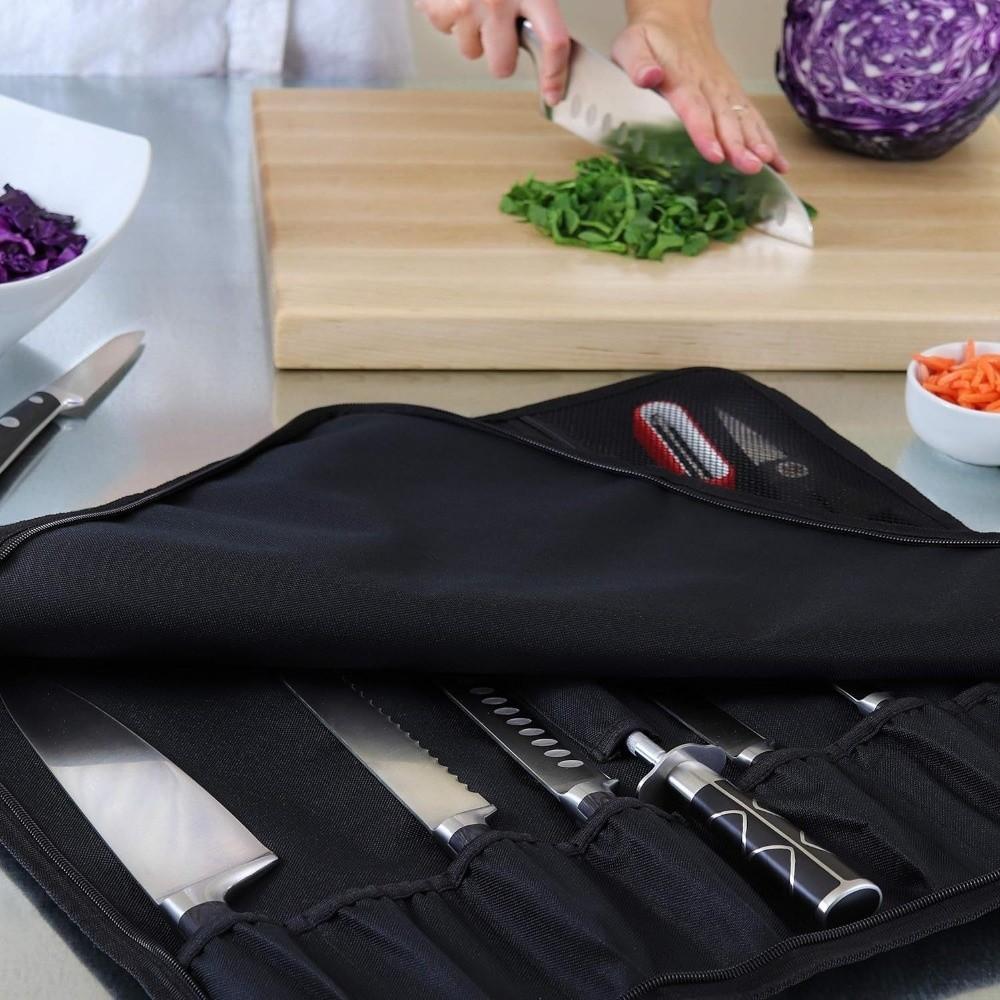 Oxford Material Chef Knife Roll Bag with Shoulder Strap Carry Handle Knife Storage Bag Large Capacity Double Folded Design