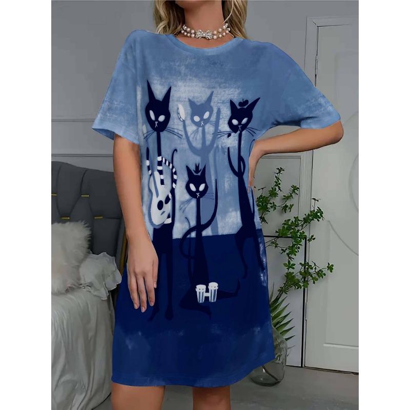 A Lovely Dress for Women Featuring a Cat And Star Letter Print Short-Sleeve Round-Neck T-Shirt Dress Is Adorned with Stars
