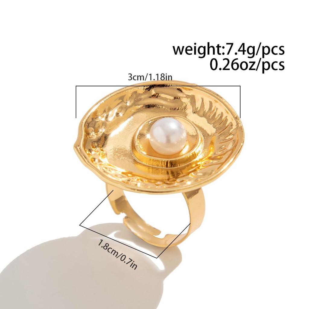 Fashion Sense Inlaid Pearl Flower Ring Simple Pleated Round Alloy Ring Set Daily Commuting Retro High-class Sense of Women's Jewelry