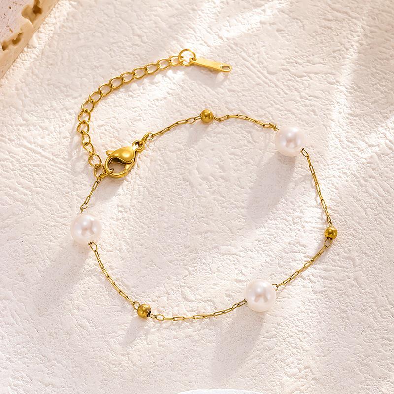 Geometric Pearl Gold-Plated Stainless Steel Bracelet & Necklace Set