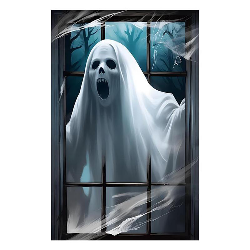 1Pcs Halloween Window Silhouette Decora Halloween Boy Girl Scary Banner Blood Ghost Window Cover Horror Theme Window Poster 2025