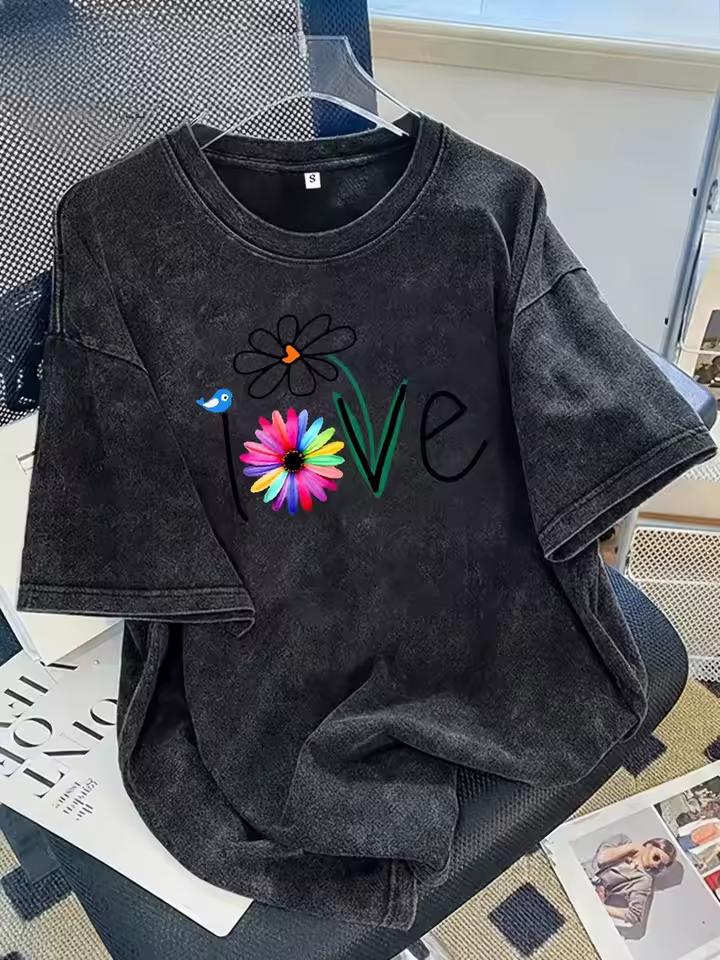 Daisy Floral Graphic T-Shirt, Relaxed Retro Washed Tee For Women Travel Daily Vacation Stylish Casual Street Looks Lady's T-shir