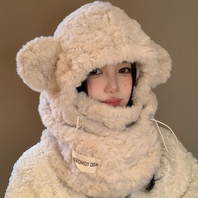 

Уютная плюшевая шапка с медвежьими ушками: Универсальное утепление для зимней езды на велосипеде One Size грязно-белый