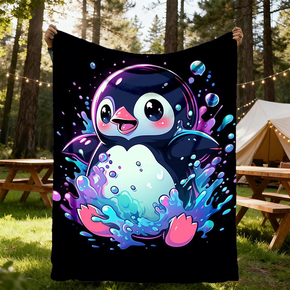 1pc Penguin Splash Flannel Blanket, Comfortable and Warm Blanket, for Camping Sofa Bed and Couch Office022