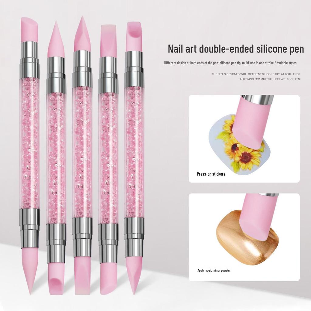 5-Piece Nail Art Silicone Pen Set: Double-Ended Embossing, Hollow Carving, Mirror Powder Brush with Rhinestone Holder.