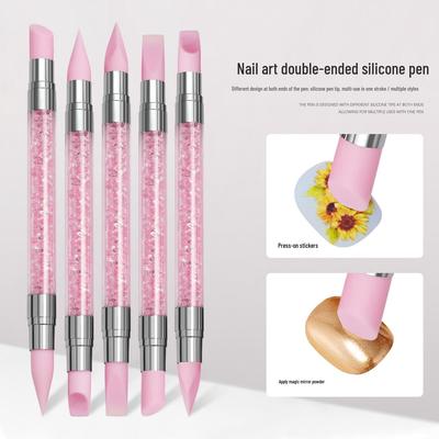 5-Piece Nail Art Silicone Pen Set: Double-Ended Embossing, Hollow Carving, Mirror Powder Brush with Rhinestone Holder.