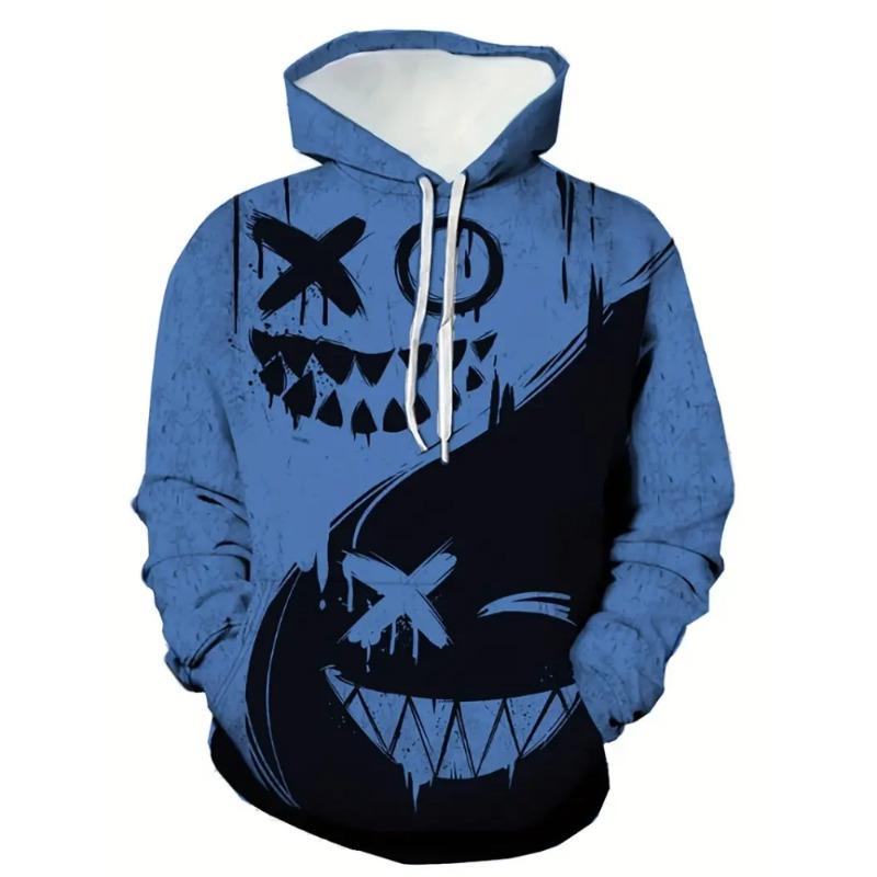 Men's Hoodie Print Black White Split Smiley Face Graffiti Hooded Sweatshirt Oversized Streetwear Pullover for Men Women