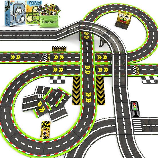 Magnetic Tiles Racing Track & City Road Expansion Pack - Kids Toys STEM Learning Montessori Toys for Toddler Magnetic Blocks Building Toys for 3+