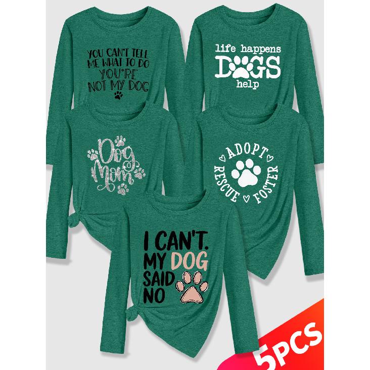 Lele Orientation Five-piece women's long-sleeve set Paw print canine-themed fun English phrases with a healing retro print Spring, Summer, Autumn