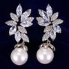 Silver Flower Zirconia Pearl Dangle Earrings for Women