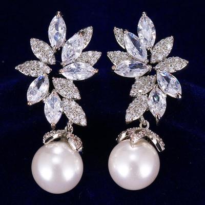 Silver Flower Zirconia Pearl Dangle Earrings for Women