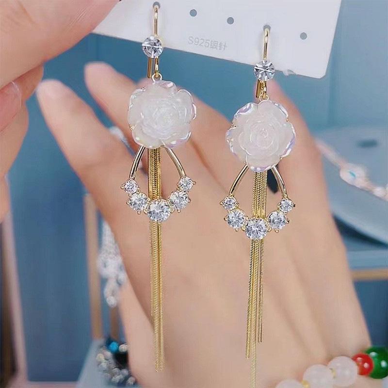 Elegant Camellia Tassel Earrings - Face-Slimming Long Dangle for Women