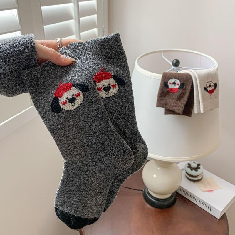 Red Hat Puppy Wool Socks, Thick and Warm Mid-calf Socks, Thick Socks, Cartoon Boneless Socks