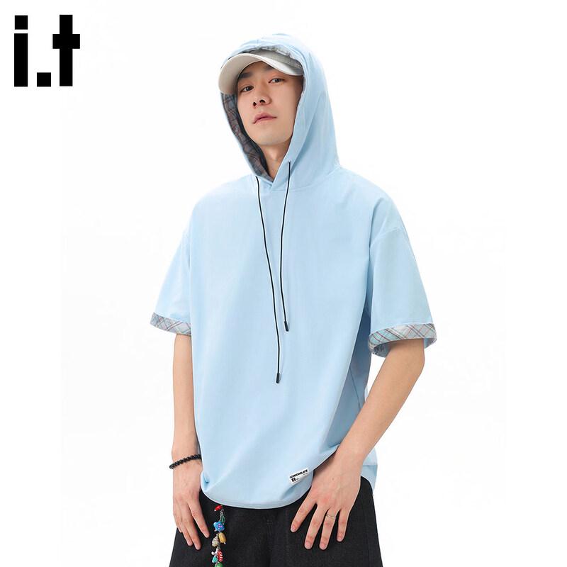 :CHOCOOLATE Men's Hooded Plaid Color-Block Short-Sleeve T-Shirt