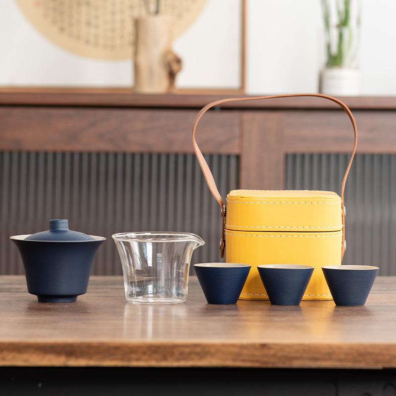 Light Luxury Travel Tea Set Cover Bowl Kuaike Three Cups Outdoor Portable Handbag High-end Ceramic Glass Tea Maker Gift
