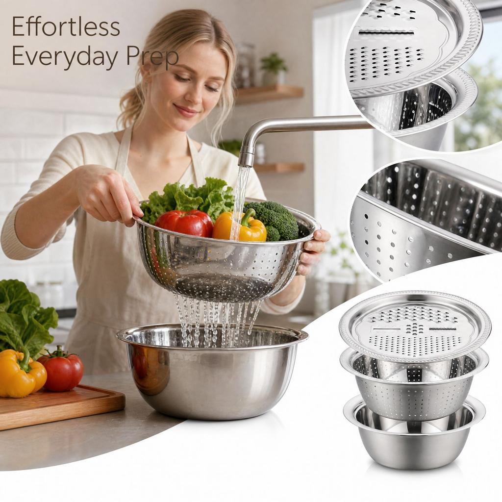 Multifunctional Thickened Stainless Set with Colander and Grater, 3-Piece Kitchen Bowl Set for Washing Vegetables and Rice