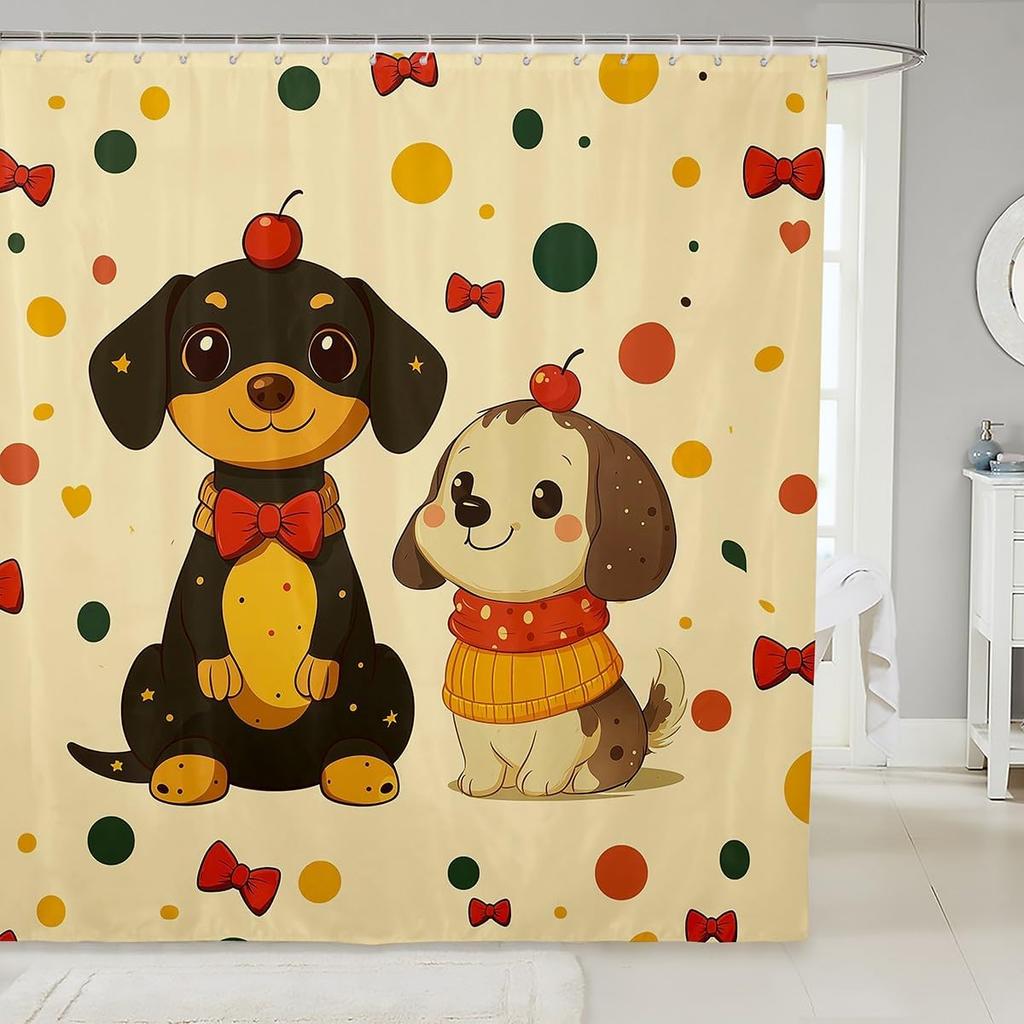Kinder Süßer Hund Duschvorhang Welpenhund Badevorhang Jungen Teenager Dekor Schleife Rote Schleife Kawaii Mohn Haustier Badezimmer Duschvorhang