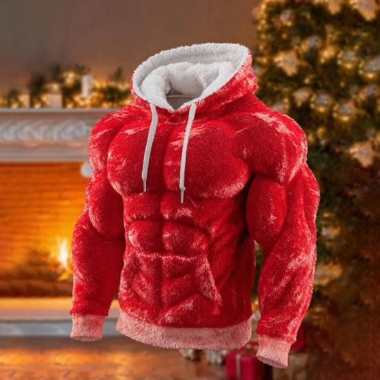 Men Muscle Hoodie Flannel Hooded Sweatshirt with Kangaroo Pocket Hunky Funny Pullover for Christmas Costume Street Wear Party