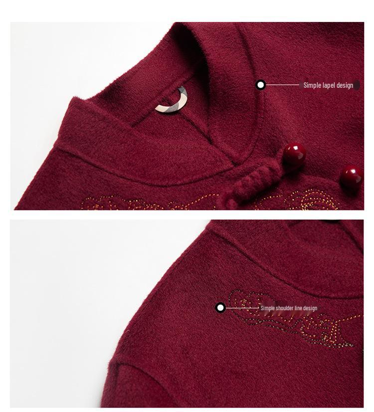 Damen Doppelseitiger Kaschmir-Wollmantel - Bestickt, Modische Kurze Jacke für Mittleren Alters & Ältere (Herbst Winter)