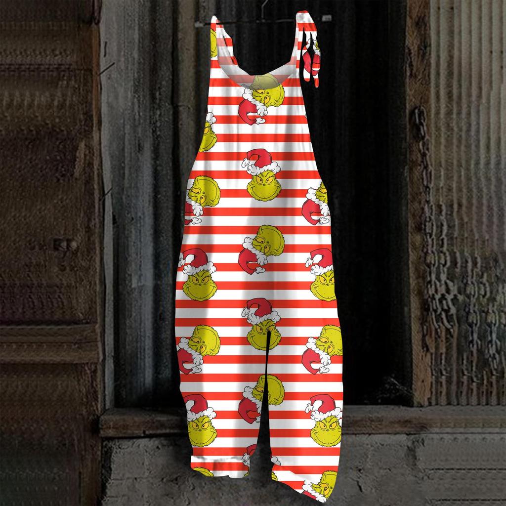 Damski kombinezon z nadrukiem Halloweenowym, casualowy, luźny, vintage, na ramiączkach, bawełniano-lniany