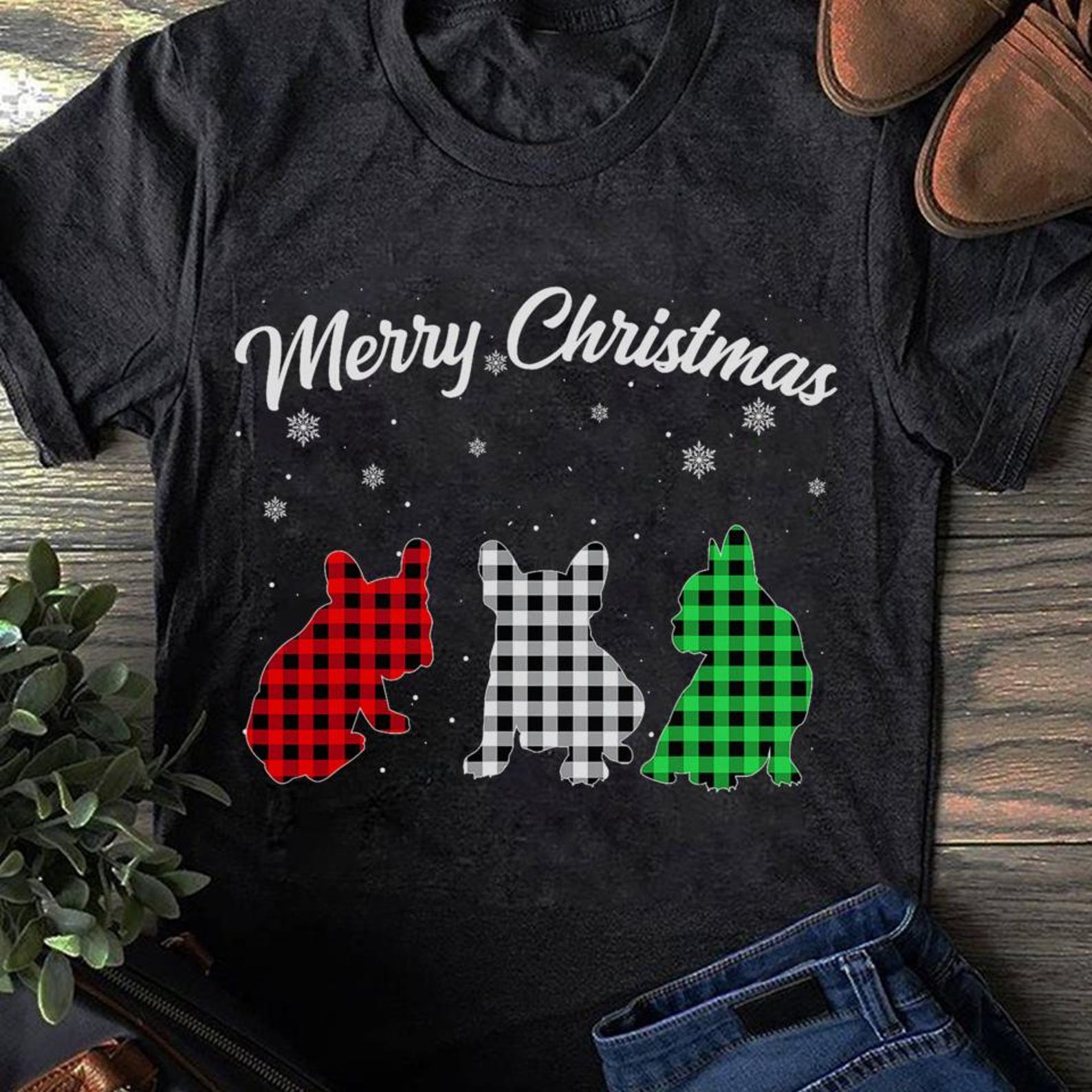 French Bulldog Christmas Pajama T-Shirt: Plaid Frenchie Dog Lover Gift M