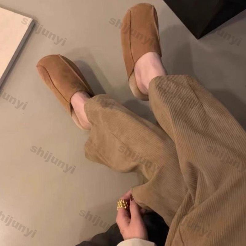 Mode Damen Schuhe mit dicker Sohle Geschlossene Zehenpartie Runde Zehenpartie Wildleder Halbschuhe Damen Herbst Winter Neu Flache Slingback Slipper Baumwollpantoffeln