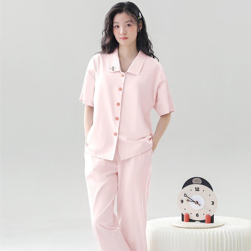 Summer women's pajamas with chest pads 1011 new pure cotton can be worn outside cardigan lapel summer simple home clothes