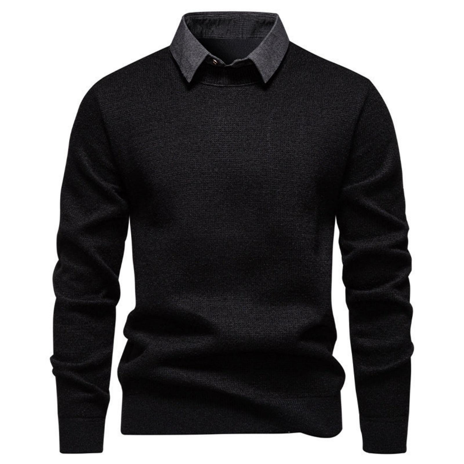 

Men s Casual Patchwork Fake Two-piece Knitted Inner Sweater, Men s Warm Lapel Shirt Sweater XXL чёрный
